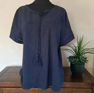 ❤  Hilary Radley Women's Slub T-shirt Navy Blue Top XL Short Sleeved Tie Front